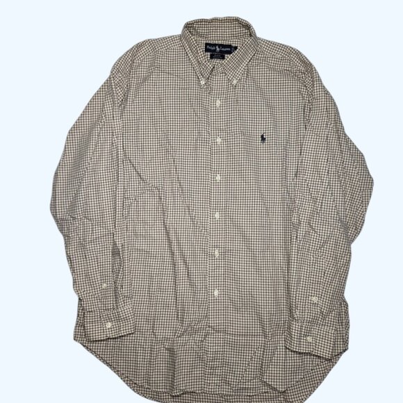 Ralph Lauren Blake Brown Beige Plaid Check Green Pony S/S Button Down Shirt L - Picture 2 of 5